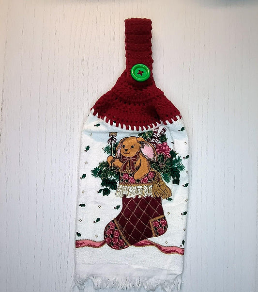 Crochet Top Vintage-Inspired Burgundy Stocking Hanging Dish Towel