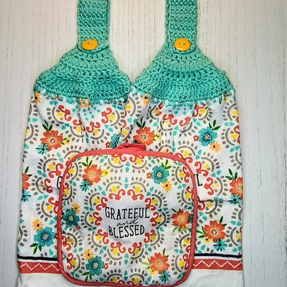 Crochet Top Grateful & Blessed Hanging Kitchen Towel/Potholder Set