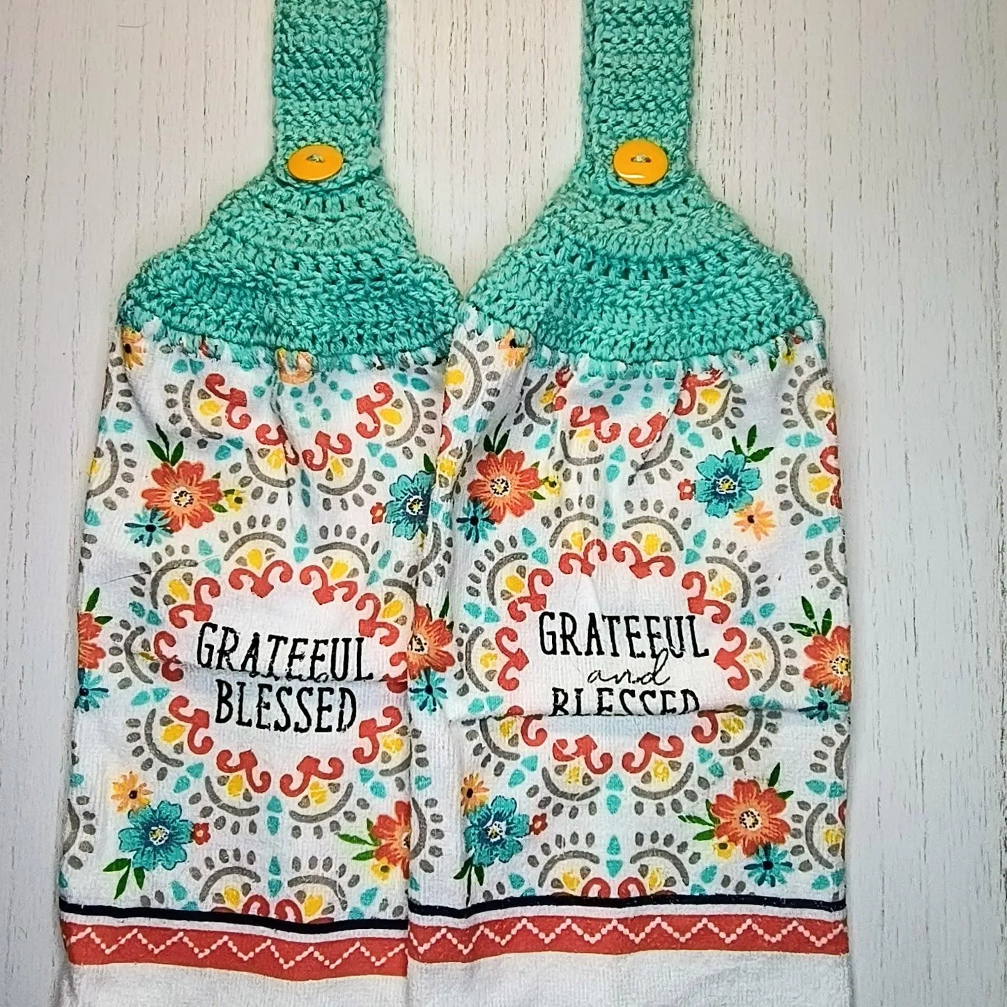Crochet Top Grateful & Blessed Hanging Kitchen Towel/Potholder Set