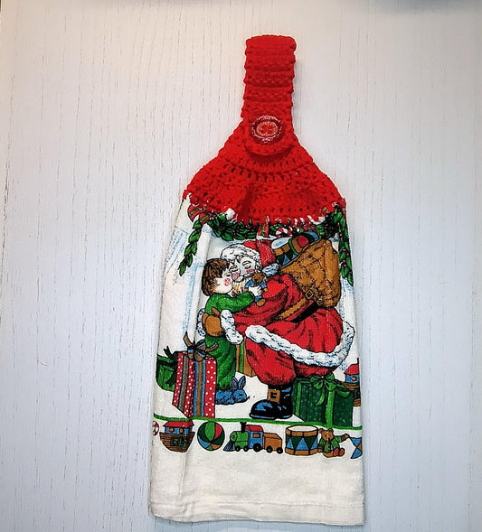 Vintage Santa & Child Crochet Top Hanging Dish Towel