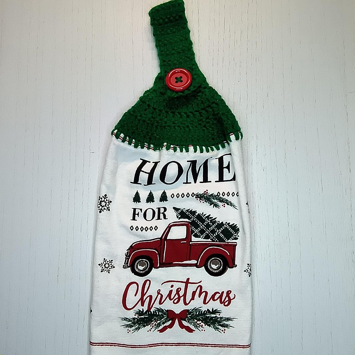 Crochet Top Home For The Holiday Red Truck Christmas Dish Towel
