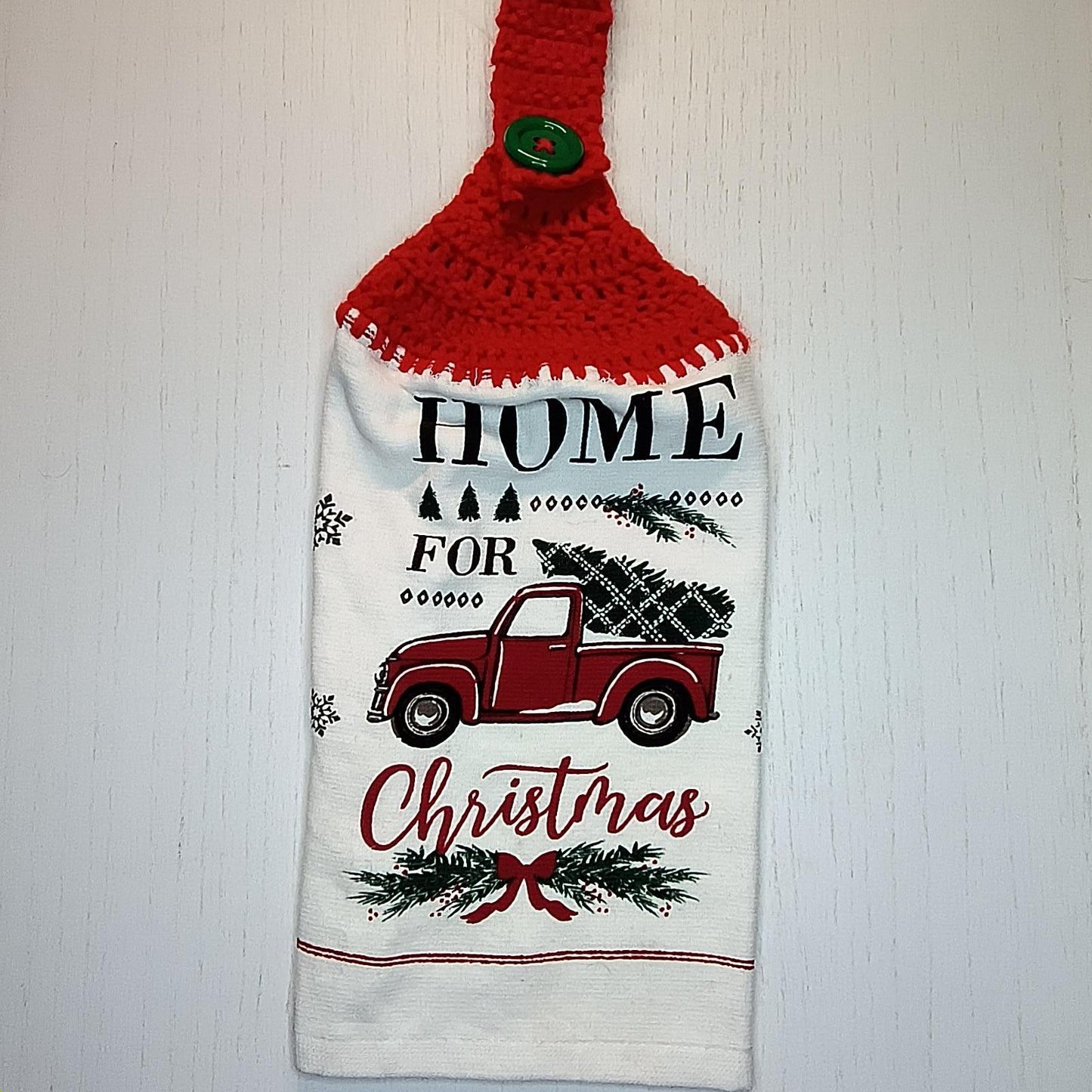 Crochet Top Home For The Holiday Red Truck Christmas Dish Towel