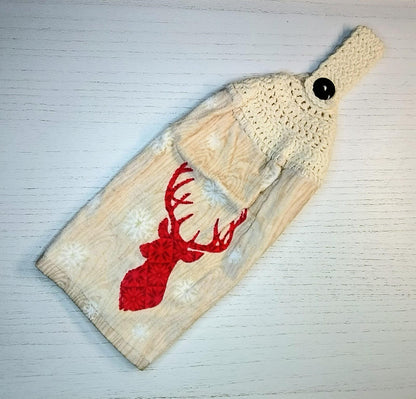 Red Reindeer Head Crochet Hanging Dish Towel - 100% Cotton Kitchen Towel - Cabin Decor - Housewarming Gift