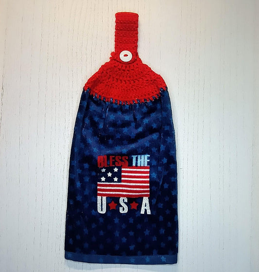 Bless The USA Flag Crochet Top Hanging Kitchen Towel