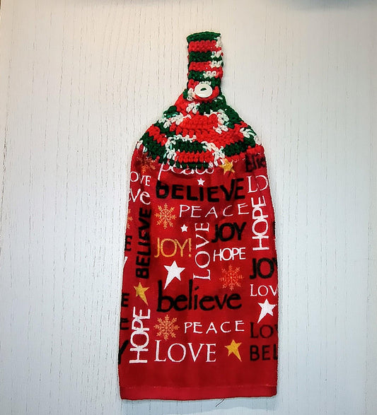 Festive Joy, Believe, Peace, Love Holiday Crochet Hanging Dish Towel
