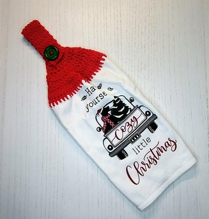Cozy Christmas Truck Dog Tree Hanging Dish Towel | Crocheted Top Kitchen Towel | Holiday Home Decor Gift