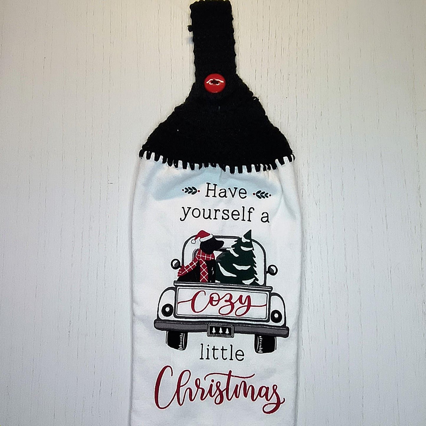 Cozy Christmas Truck Dog Tree Hanging Dish Towel | Crocheted Top Kitchen Towel | Holiday Home Decor Gift