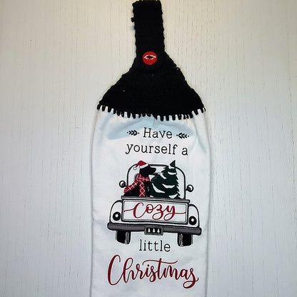 Cozy Christmas Truck Dog Tree Hanging Dish Towel | Crocheted Top Kitchen Towel | Holiday Home Decor Gift