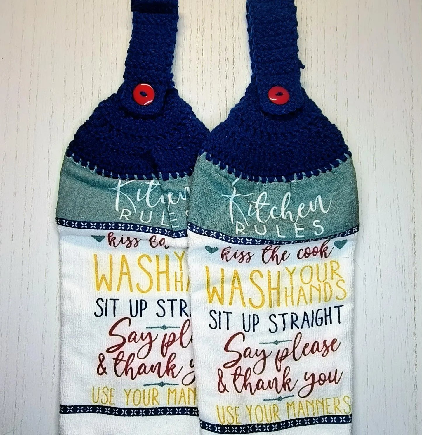 Crochet Top Kitchen Rules Hanging Dish Towel & Potholder Set