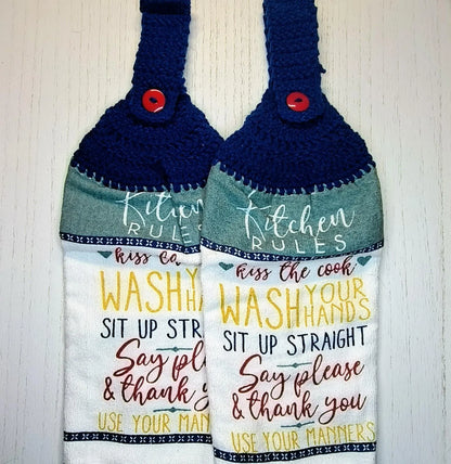 Crochet Top Kitchen Rules Hanging Dish Towel & Potholder Set