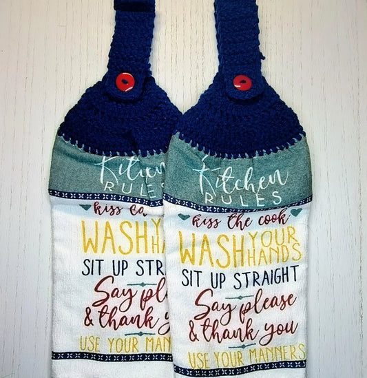 Crochet Top Kitchen Rules Hanging Dish Towel & Potholder Set