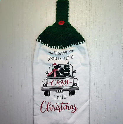 Cozy Christmas Truck Dog Tree Hanging Dish Towel | Crocheted Top Kitchen Towel | Holiday Home Decor Gift