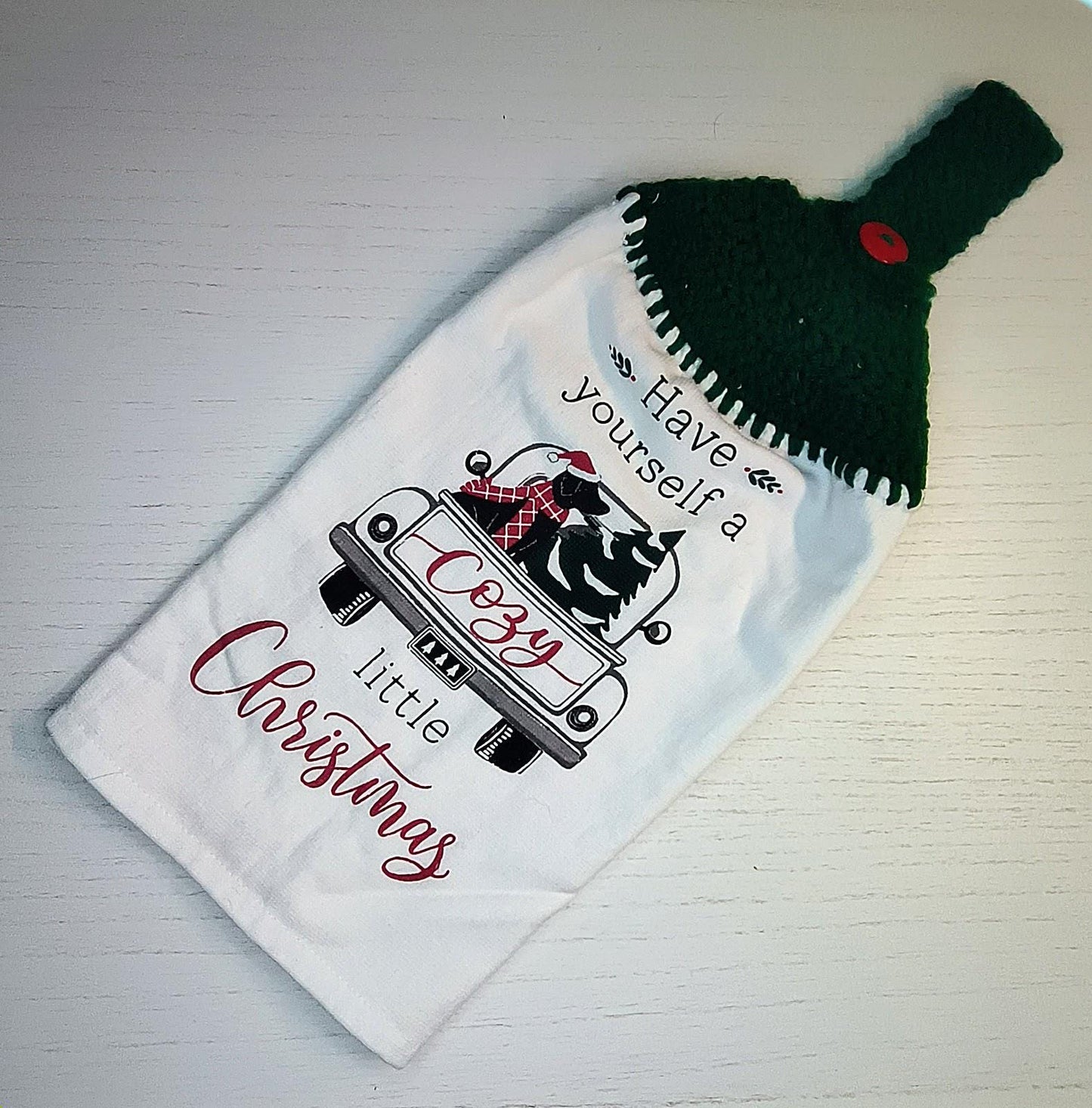 Cozy Christmas Truck Dog Tree Hanging Dish Towel | Crocheted Top Kitchen Towel | Holiday Home Decor Gift