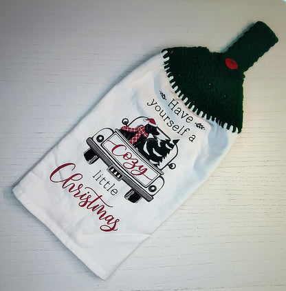 Cozy Christmas Truck Dog Tree Hanging Dish Towel | Crocheted Top Kitchen Towel | Holiday Home Decor Gift
