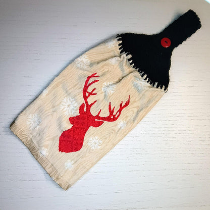 Red Reindeer Head Crochet Hanging Dish Towel - 100% Cotton Kitchen Towel - Cabin Decor - Housewarming Gift