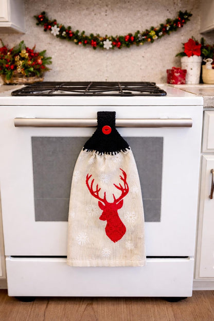 Red Reindeer Head Crochet Hanging Dish Towel - 100% Cotton Kitchen Towel - Cabin Decor - Housewarming Gift