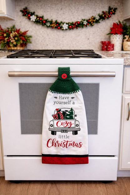 Cozy Christmas Truck Dog Tree Hanging Dish Towel | Crocheted Top Kitchen Towel | Holiday Home Decor Gift