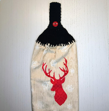 Red Reindeer Head Crochet Hanging Dish Towel - 100% Cotton Kitchen Towel - Cabin Decor - Housewarming Gift