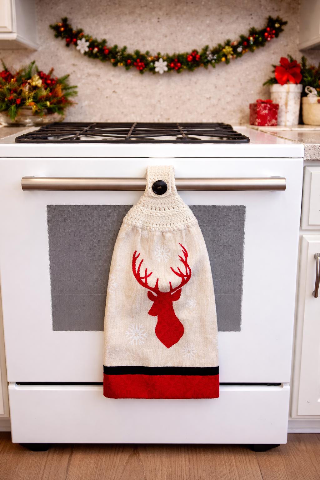 Festive Reindeer Crochet Hanging Towel - 100% Cotton Kitchen Decor - Teacher Gift - RV Accessory - Durable & Absorbent