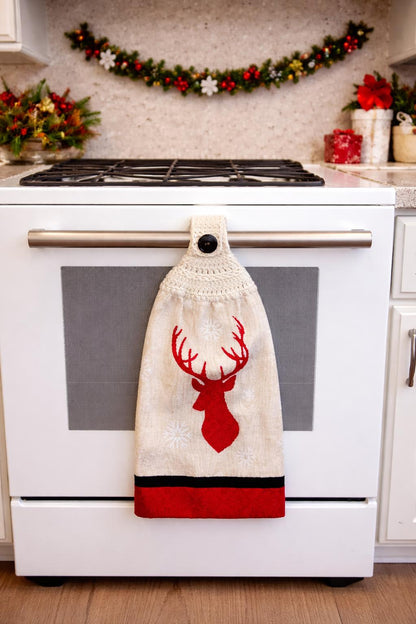 Festive Reindeer Crochet Hanging Towel - 100% Cotton Kitchen Decor - Teacher Gift - RV Accessory - Durable & Absorbent