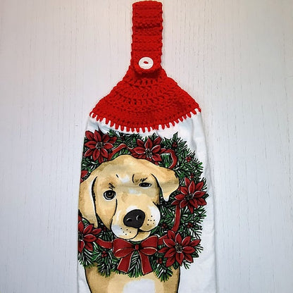 Crochet Top Golden Retriever Christmas Wreath Hanging Dish Towel