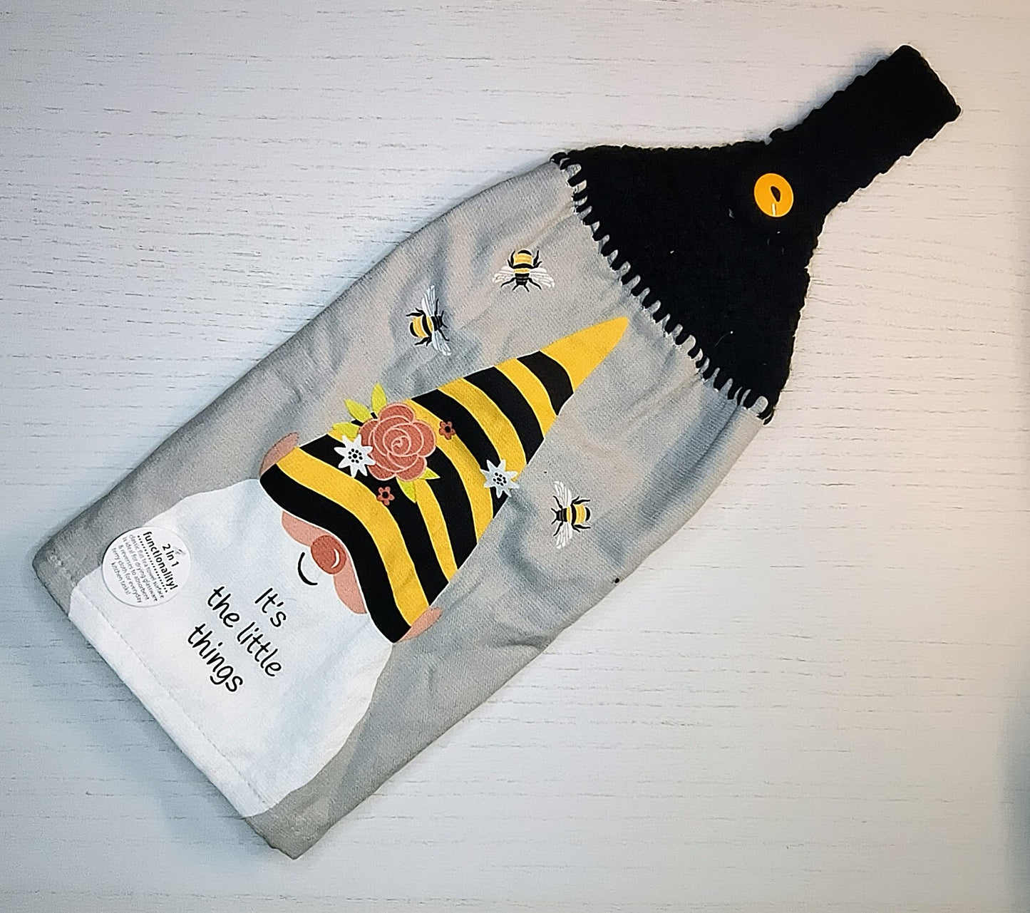 Crochet Top Gnome & Bees Hanging Dish Towel