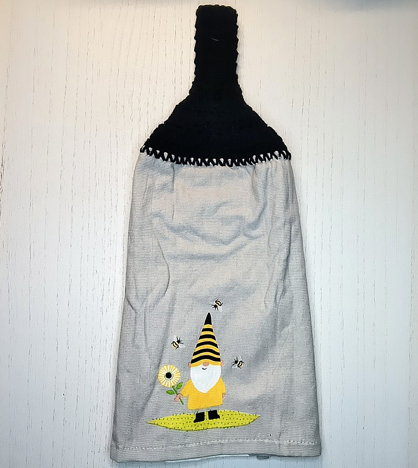 Crochet Top Gnome & Bees Hanging Dish Towel