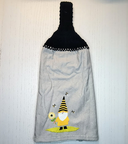 Crochet Top Gnome & Bees Hanging Dish Towel