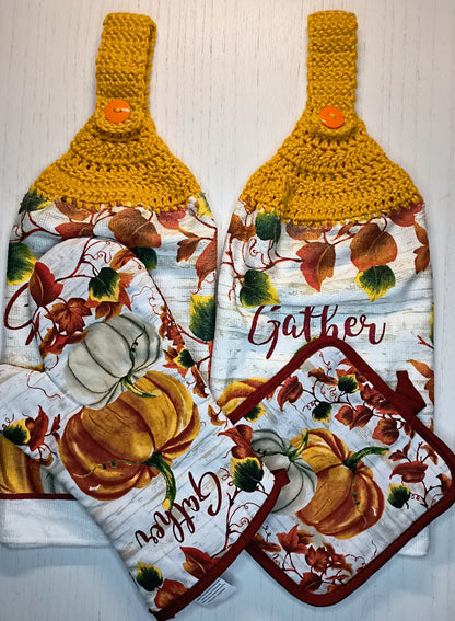 Crochet Top Fall Pumpkins and "Gather"  Hanging Dish Towel Set