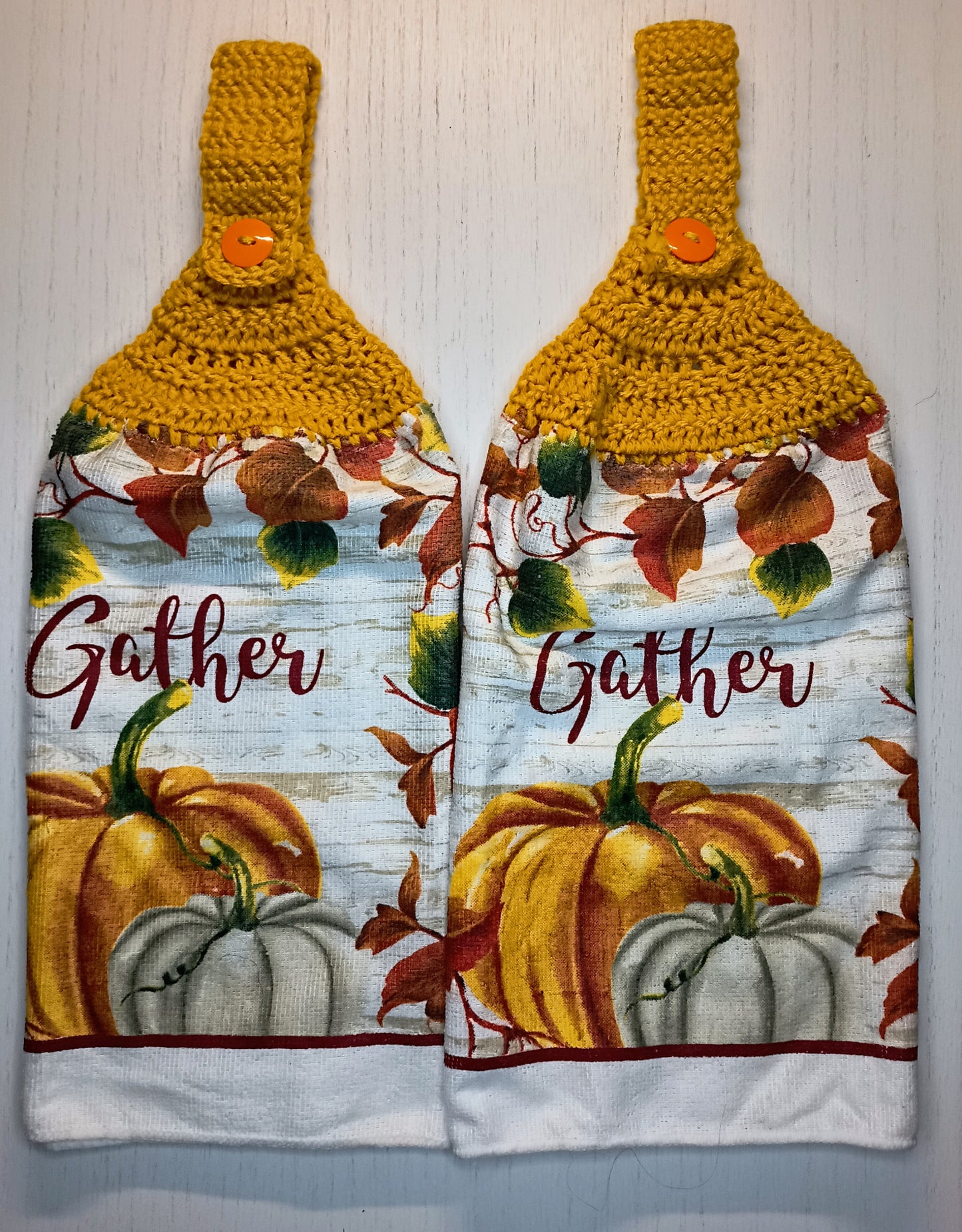Crochet Top Fall Pumpkins and "Gather"  Hanging Dish Towel Set