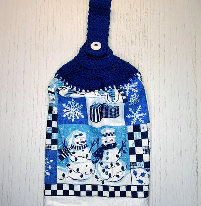 Crochet Top Charming Blue Snowman & Candy Cane Hanging Kitchen Towel
