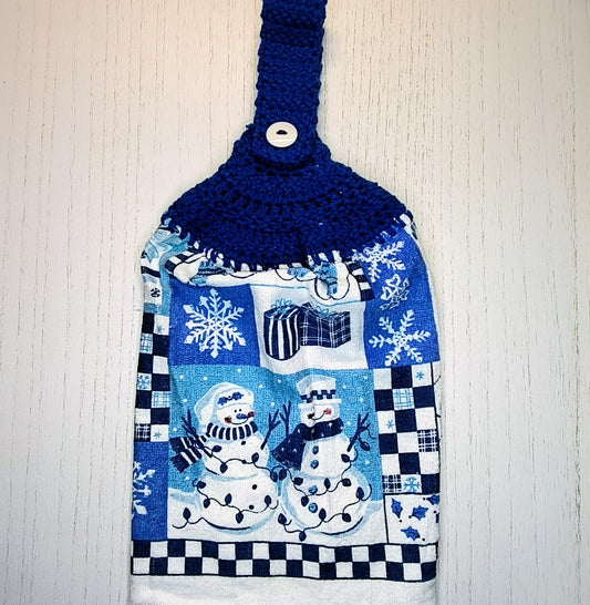 Crochet Top Charming Blue Snowman & Candy Cane Hanging Kitchen Towel