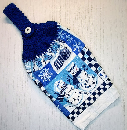 Crochet Top Charming Blue Snowman & Candy Cane Hanging Kitchen Towel