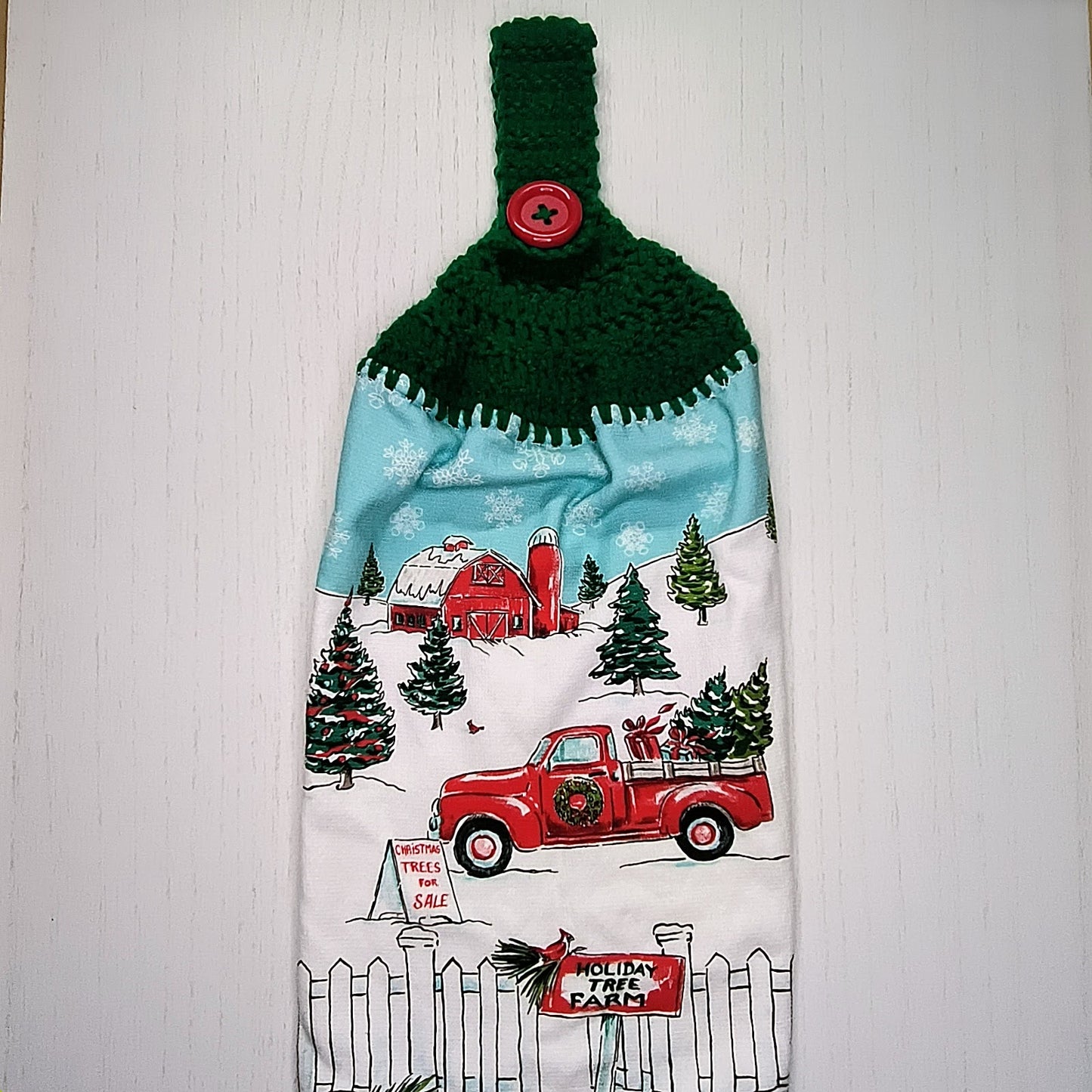 Crochet Top Christmas Red Truck & Tree Farm Hanging Kitchen Towel