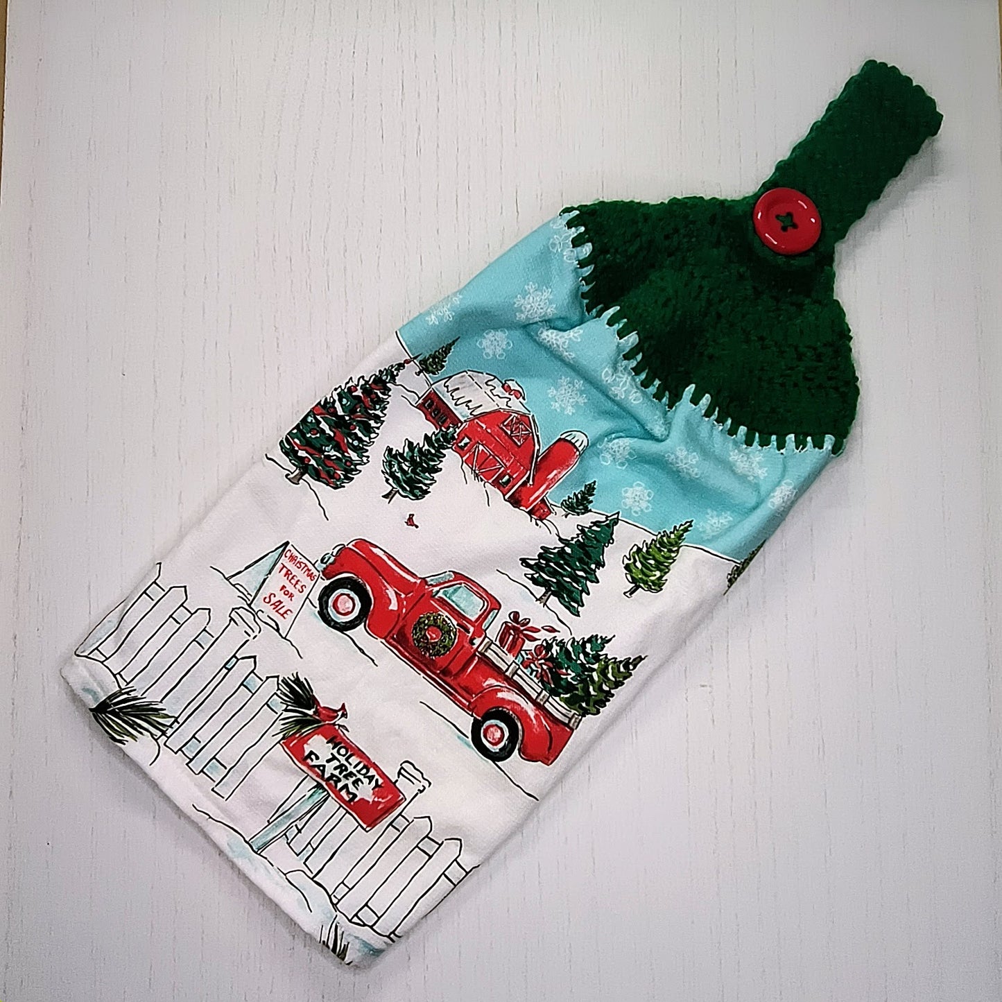 Crochet Top Christmas Red Truck & Tree Farm Hanging Kitchen Towel