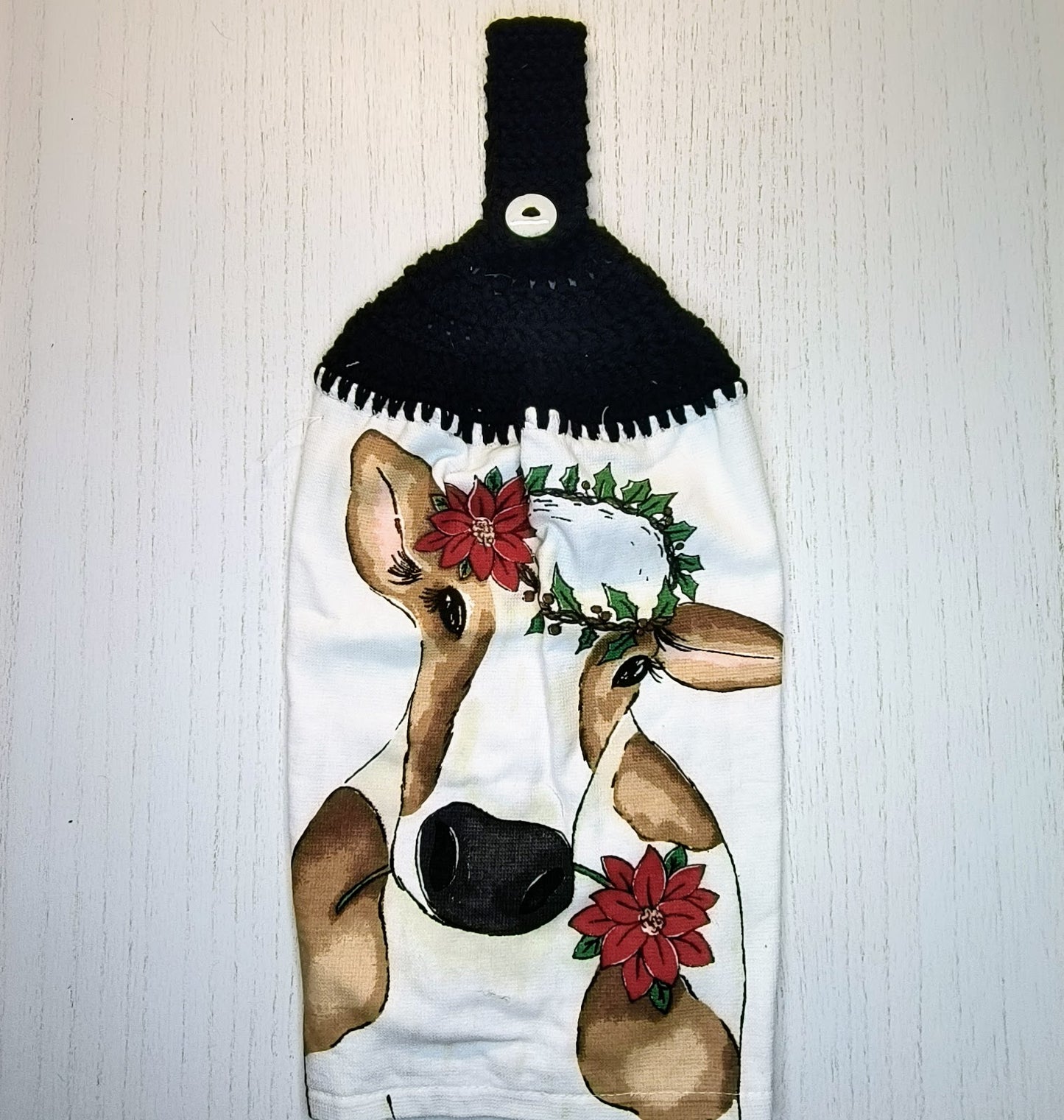 Crochet Top Festive Cow Poinsettia Crown Hanging Dish Towel