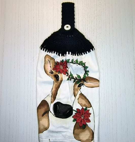 Crochet Top Festive Cow Poinsettia Crown Hanging Dish Towel