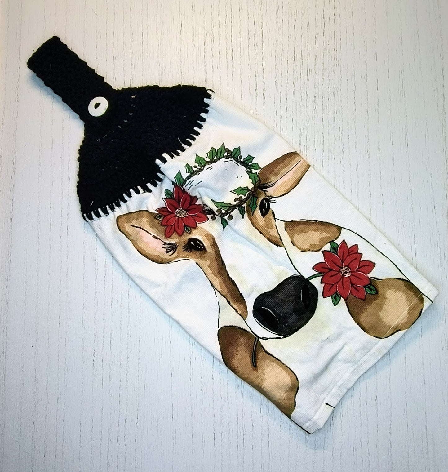 Crochet Top Festive Cow Poinsettia Crown Hanging Dish Towel