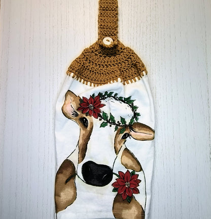 Crochet Top Festive Cow Poinsettia Crown Hanging Dish Towel