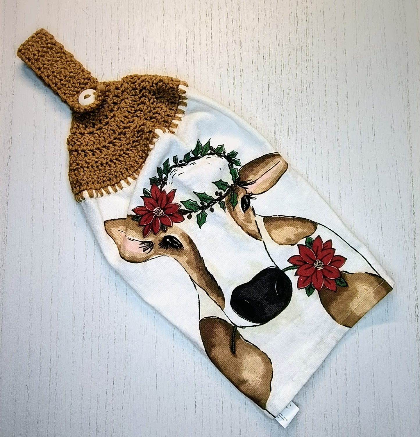 Crochet Top Festive Cow Poinsettia Crown Hanging Dish Towel