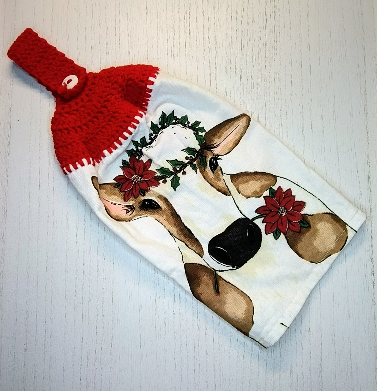 Crochet Top Festive Cow Poinsettia Crown Hanging Dish Towel