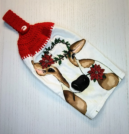 Crochet Top Festive Cow Poinsettia Crown Hanging Dish Towel