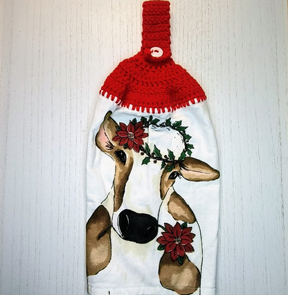 Crochet Top Festive Cow Poinsettia Crown Hanging Dish Towel