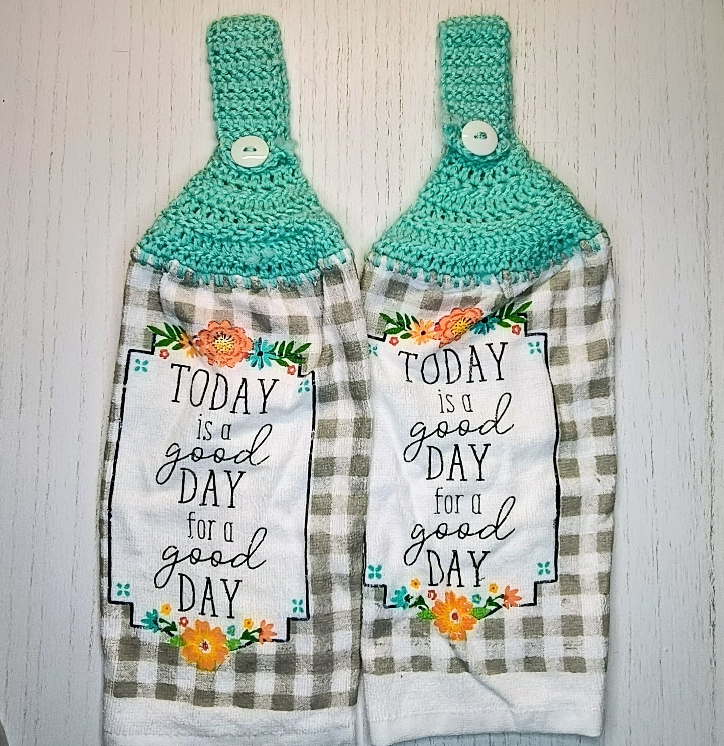 Today is a Good Day Teal Crochet Top Hanging Dish Towel & Potholder Set