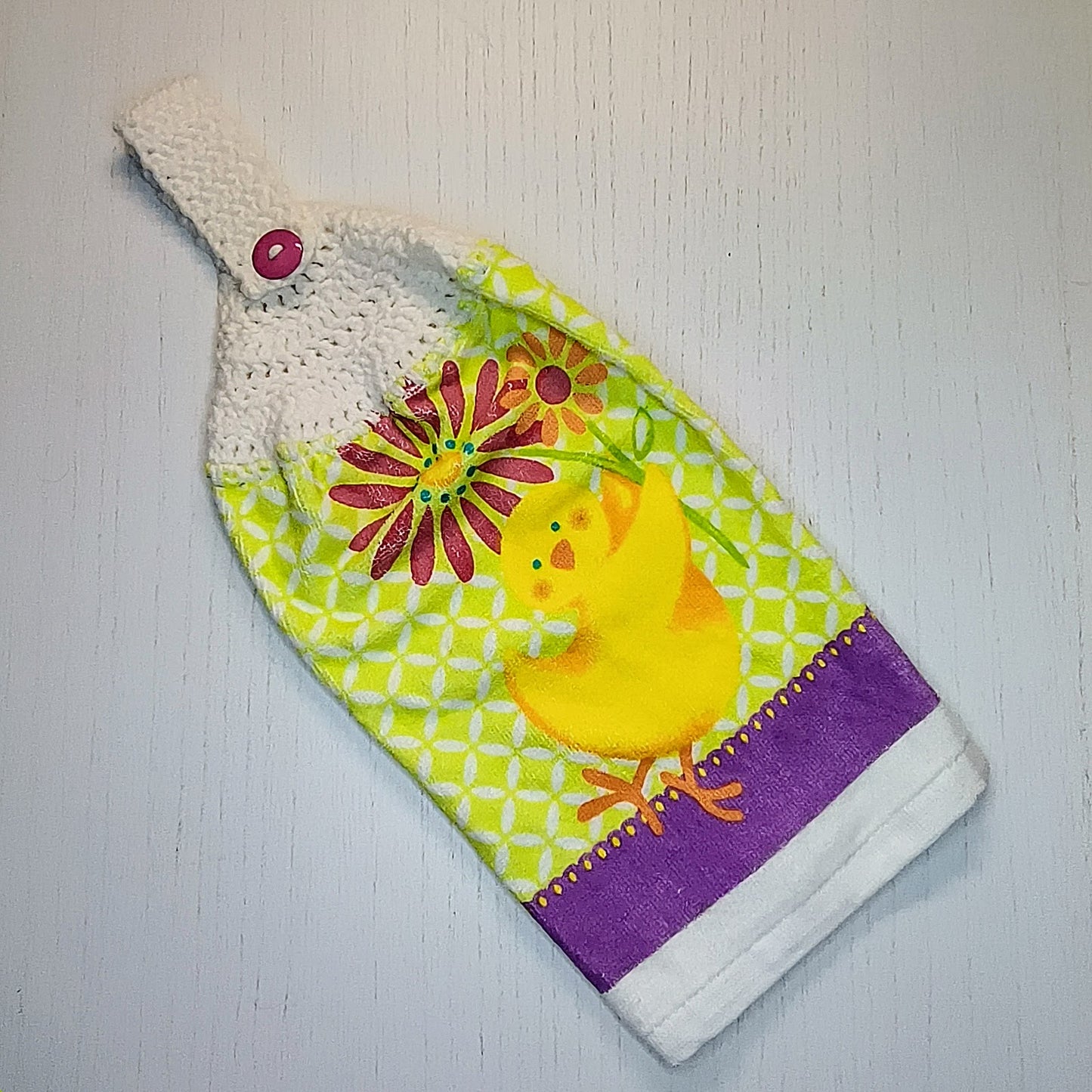 Crochet Top Whimsical Yellow Chicken & Floral Top Hanging Dish Towel