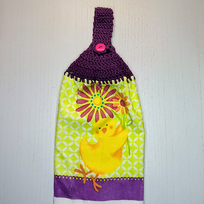 Crochet Top Whimsical Yellow Chicken & Floral Top Hanging Dish Towel