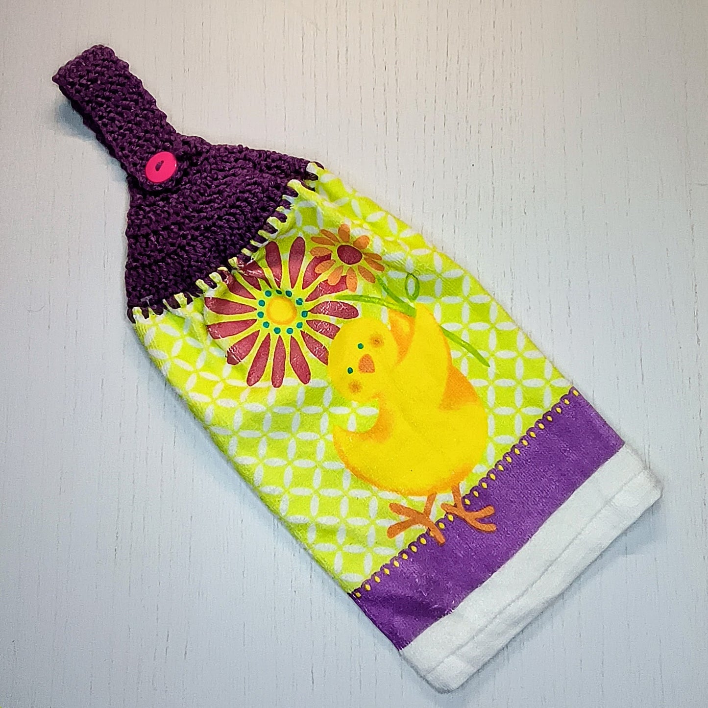 Crochet Top Whimsical Yellow Chicken & Floral Top Hanging Dish Towel