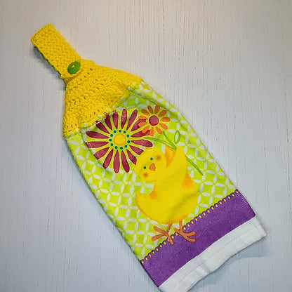 Crochet Top Whimsical Yellow Chicken & Floral Top Hanging Dish Towel