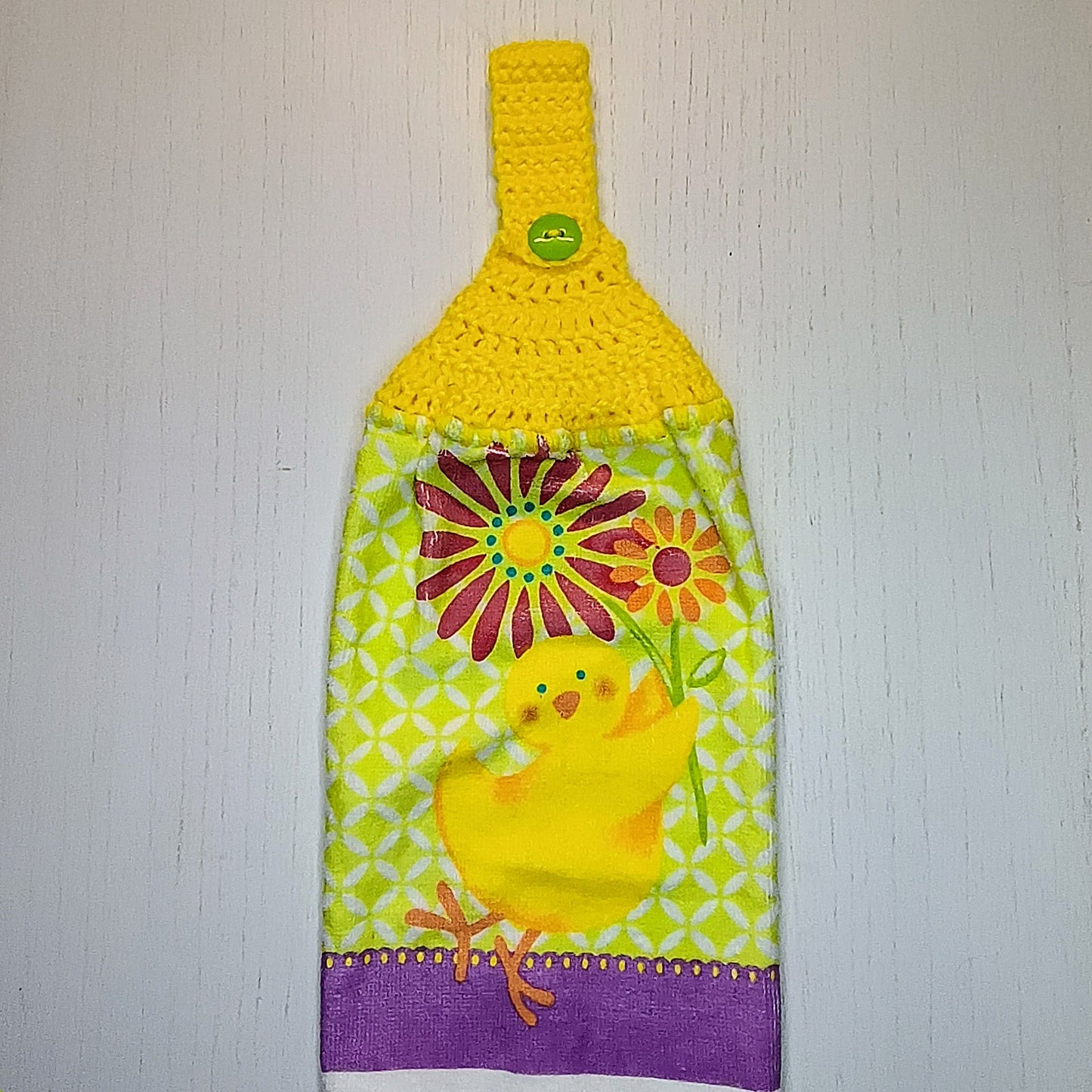 Crochet Top Whimsical Yellow Chicken & Floral Top Hanging Dish Towel