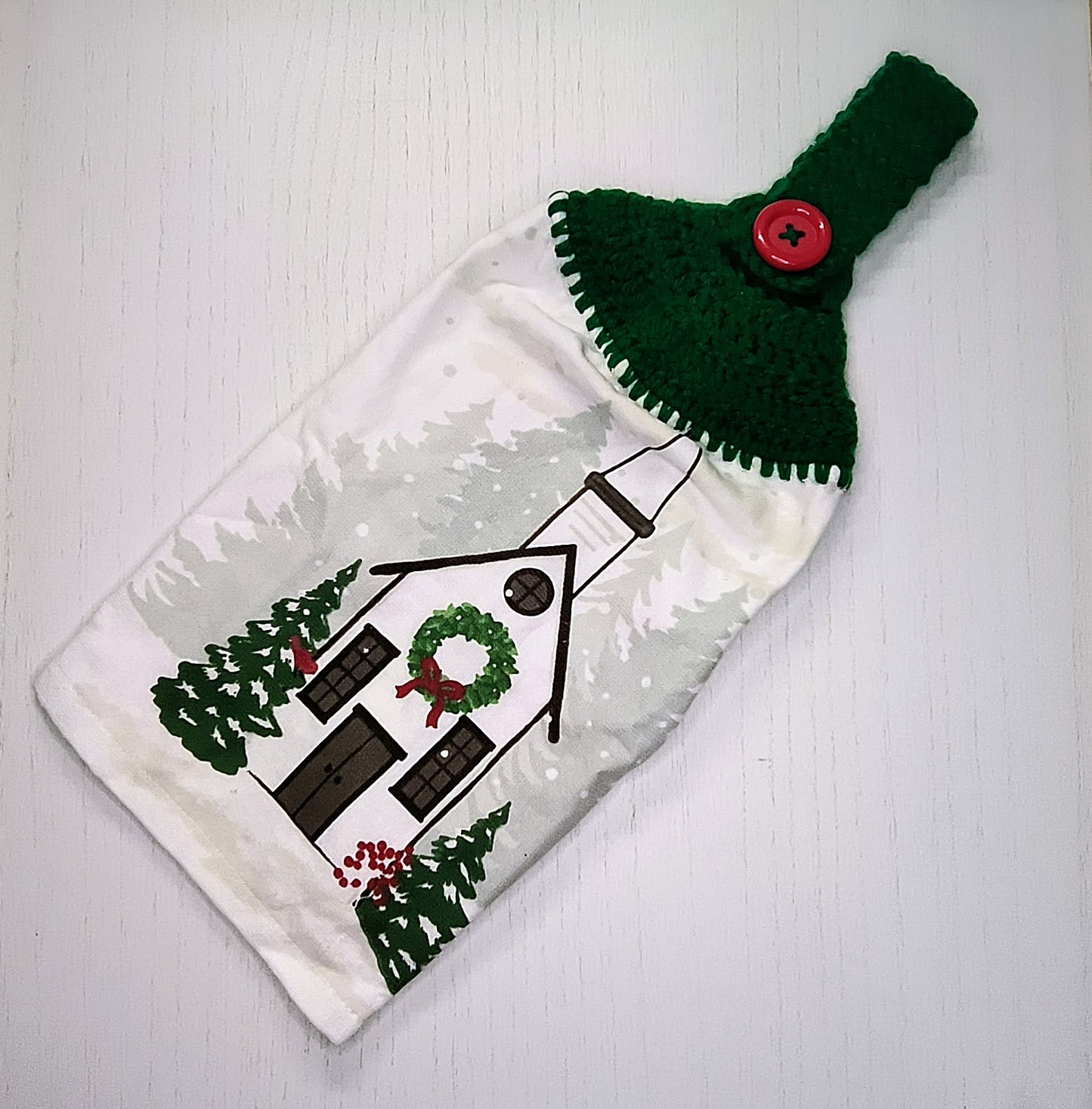 Crochet Top Christmas Church & Pine Tree Hanging Kitchen Towel